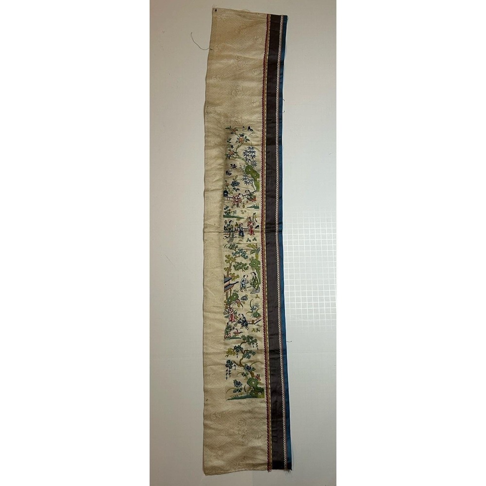 Antique Vintage Chinese Qing Dynasty Hand Embroidered Silk Panel 40" x 7"